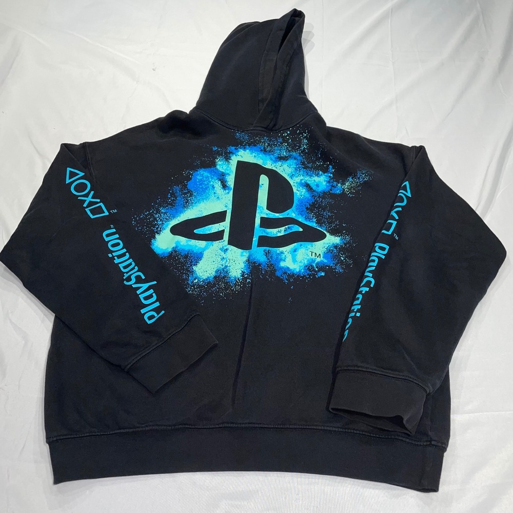 H&M PlayStation Hoodie Black Graphic Sweatshirt Blue Splatter Logo‎ Mens L US 20